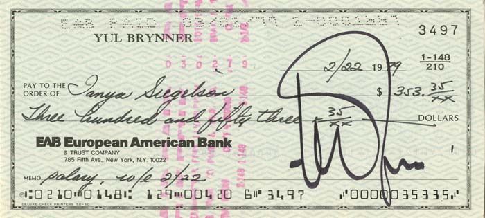 Yul Brynner signed check
